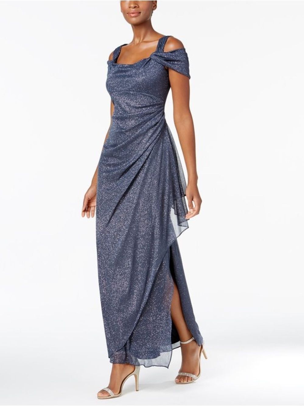 Alex Evenings Navy One-Shoulder Sparkle Evening Gown